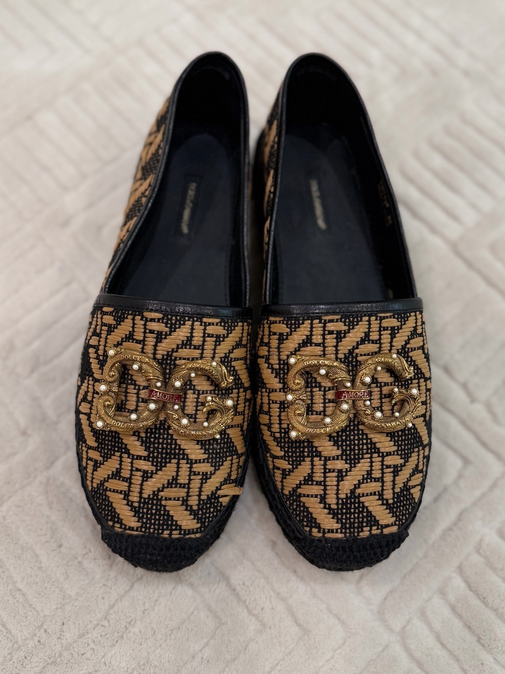 Dolce & Gabbana Black and Gold Embellished Woven Loafers